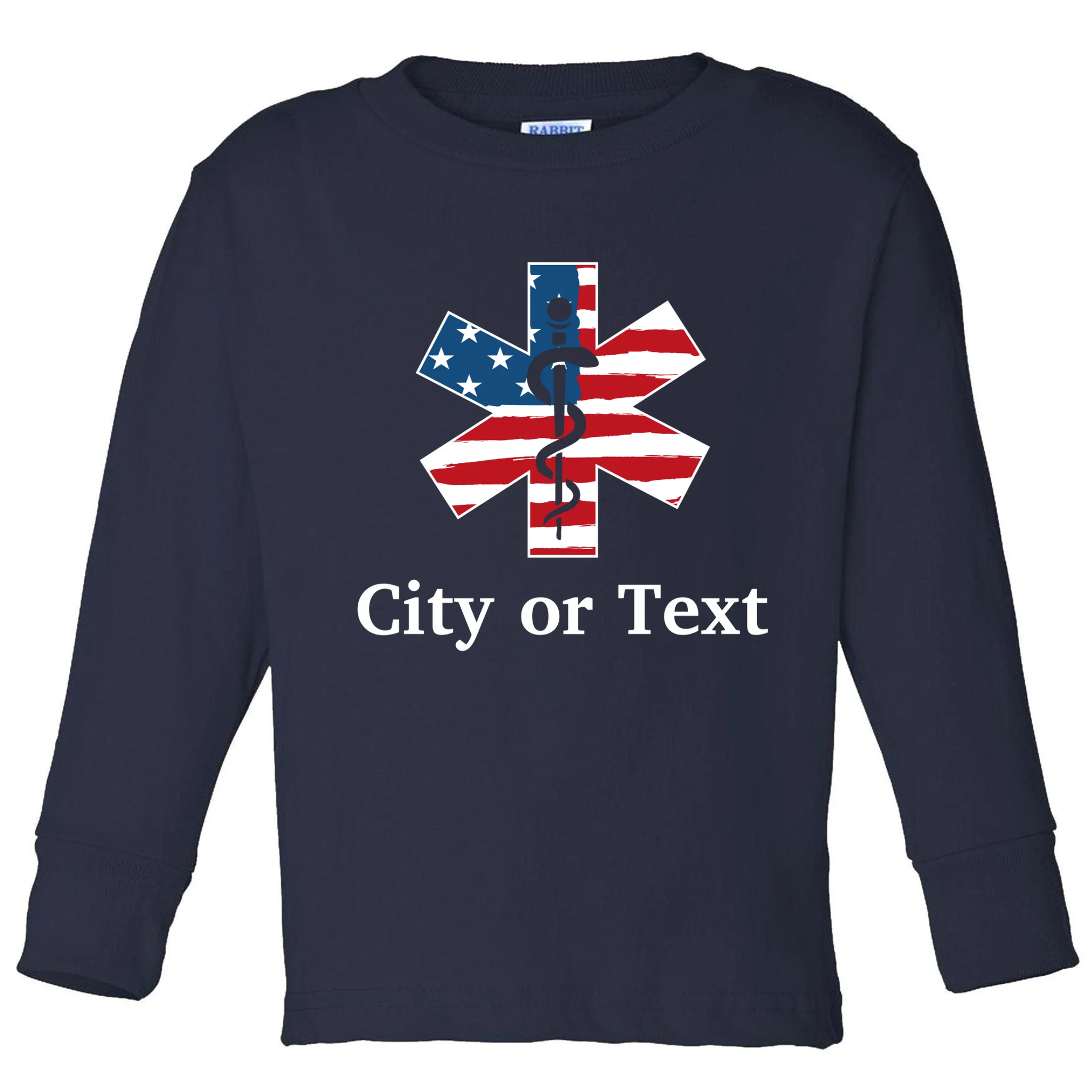 City or Text EMT Custom City or Text Personalized USA Flag Toddler Long Sleeve Shirt - Front