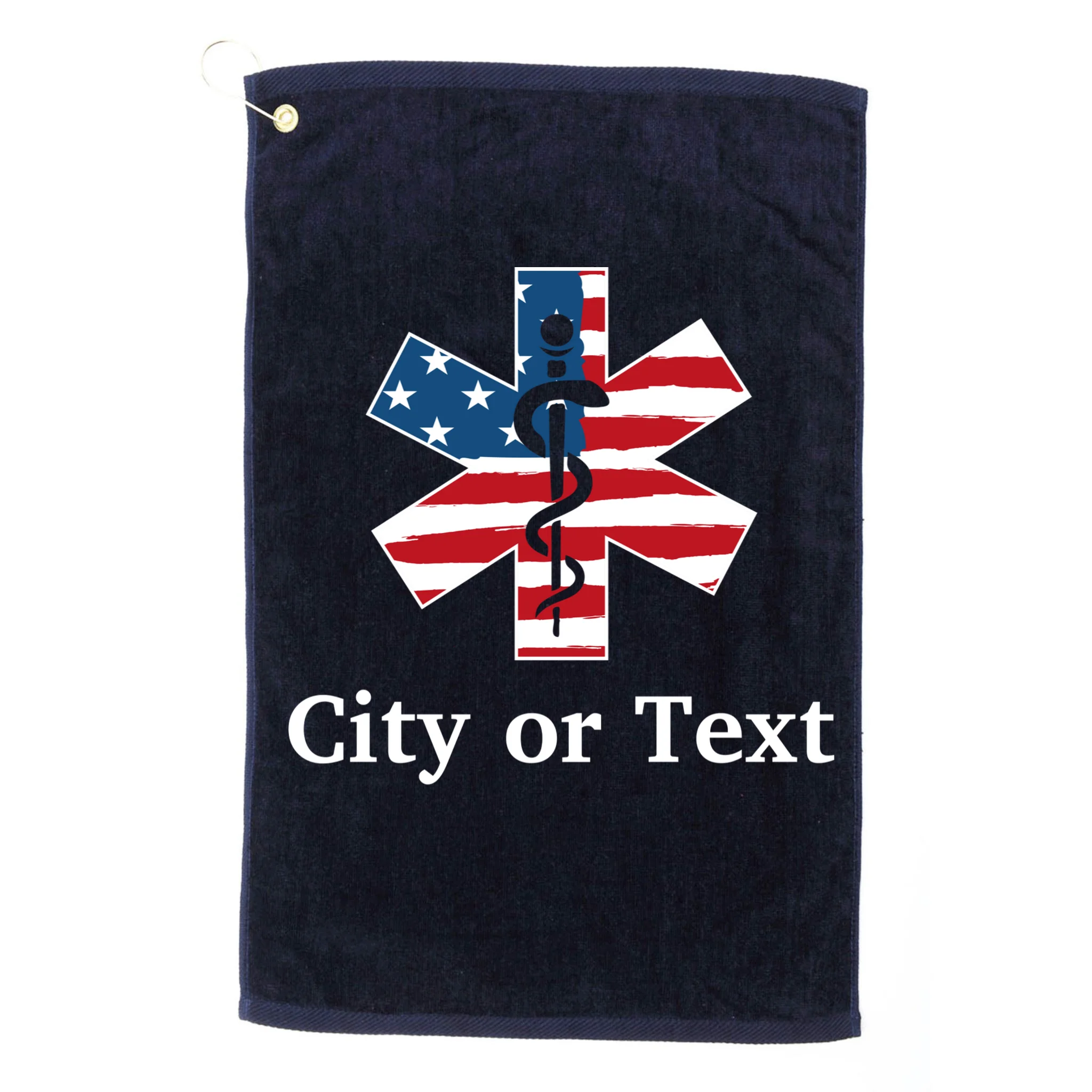 City or Text EMT Custom City or Text Personalized USA Flag Golf Towel - Front