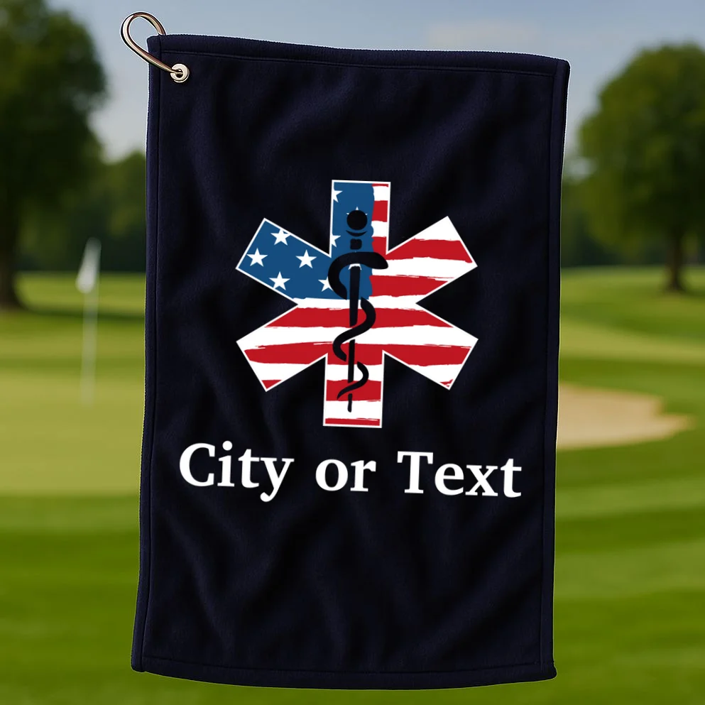 City or Text EMT Custom City or Text Personalized USA Flag Golf Towel - Front 1
