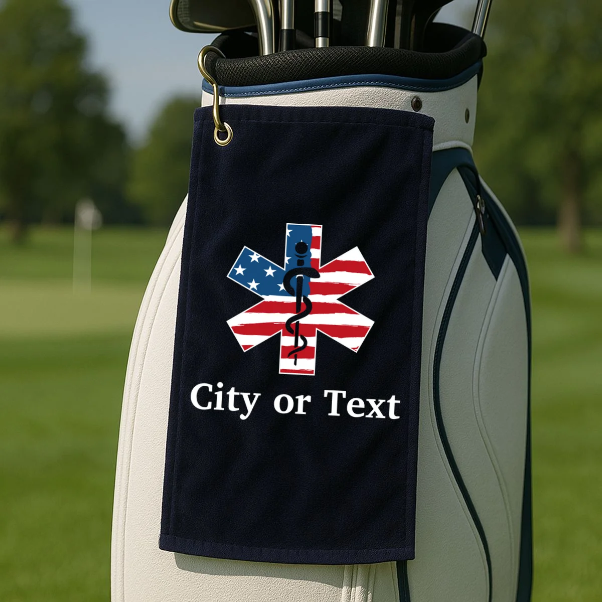 City or Text EMT Custom City or Text Personalized USA Flag Golf Towel - Front 2