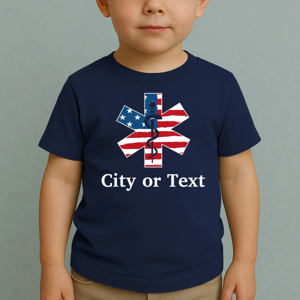 City or Text EMT Custom City or Text Personalized USA Flag Toddler T-Shirt - Front 1