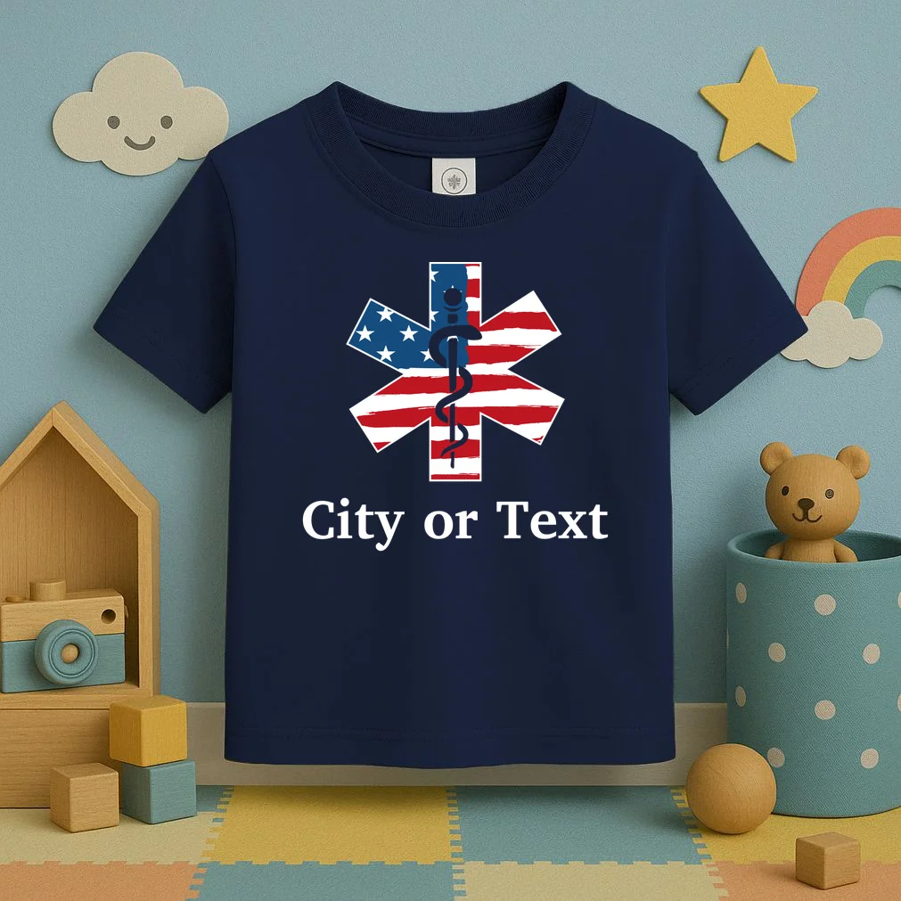 City or Text EMT Custom City or Text Personalized USA Flag Toddler T-Shirt - Front 2