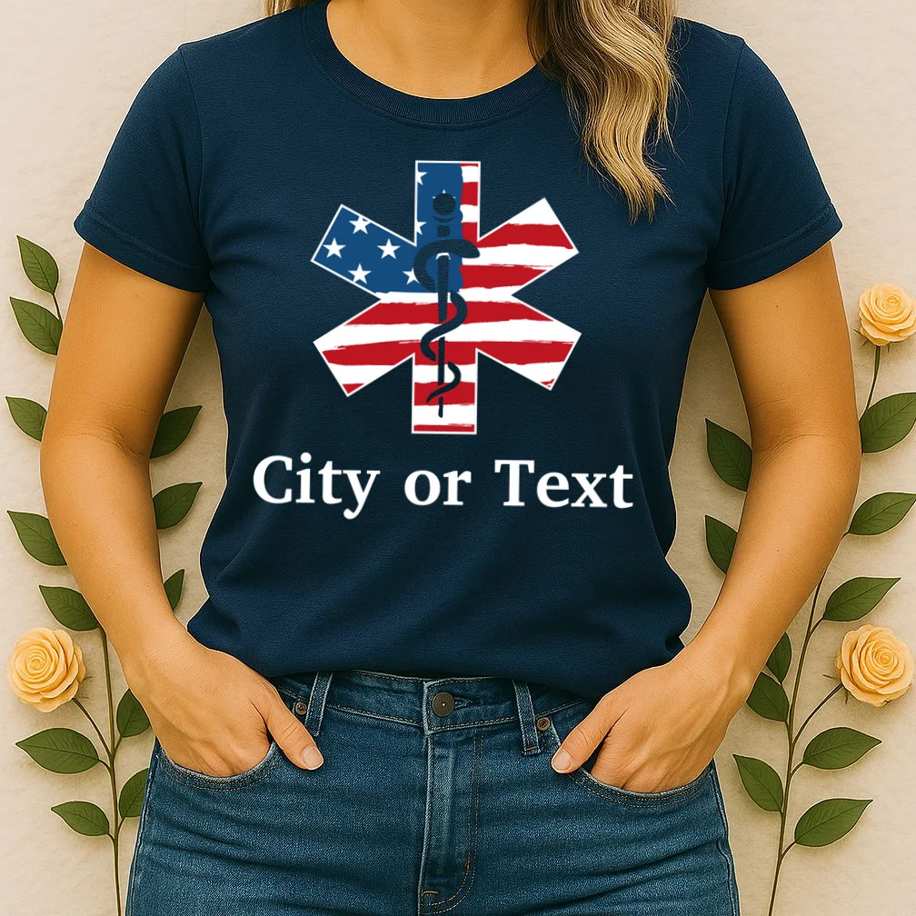 City or Text EMT Custom City or Text Personalized USA Flag Women's T-Shirt - Front 1