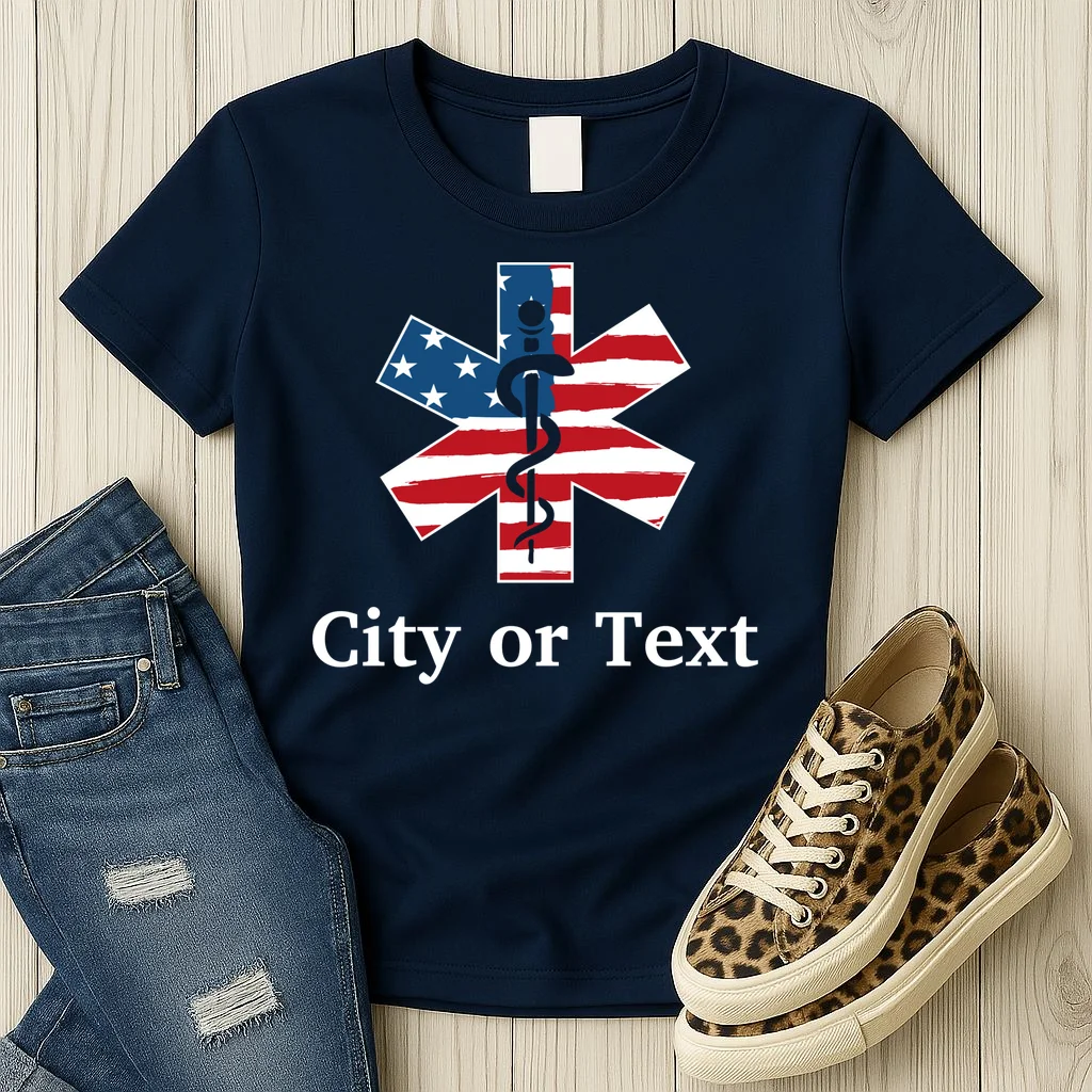 City or Text EMT Custom City or Text Personalized USA Flag Women's T-Shirt - Front 2