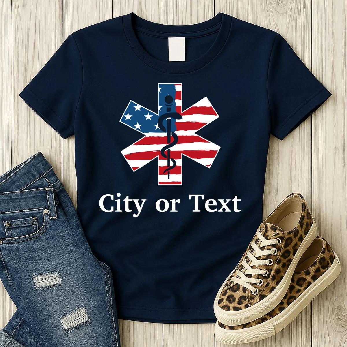 City or Text EMT Custom City or Text Personalized USA Flag Women's T-Shirt - Front 2