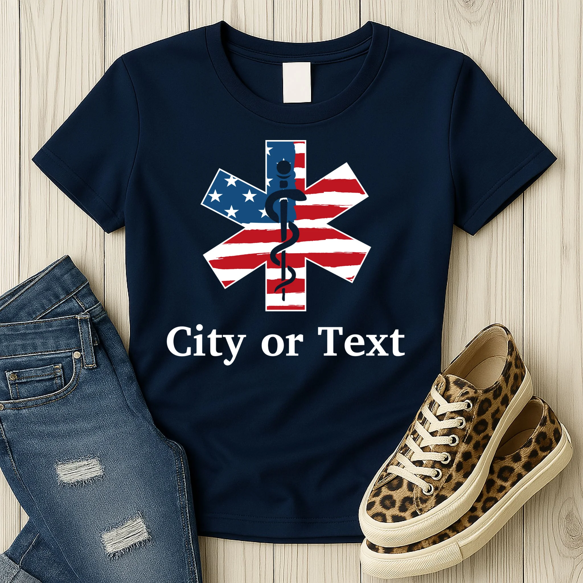 City or Text EMT Custom City or Text Personalized USA Flag Women's T-Shirt - Front 2