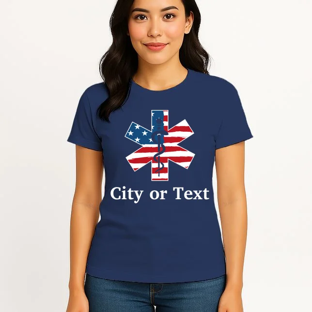 City or Text EMT Custom City or Text Personalized USA Flag Women's T-Shirt - Front 3