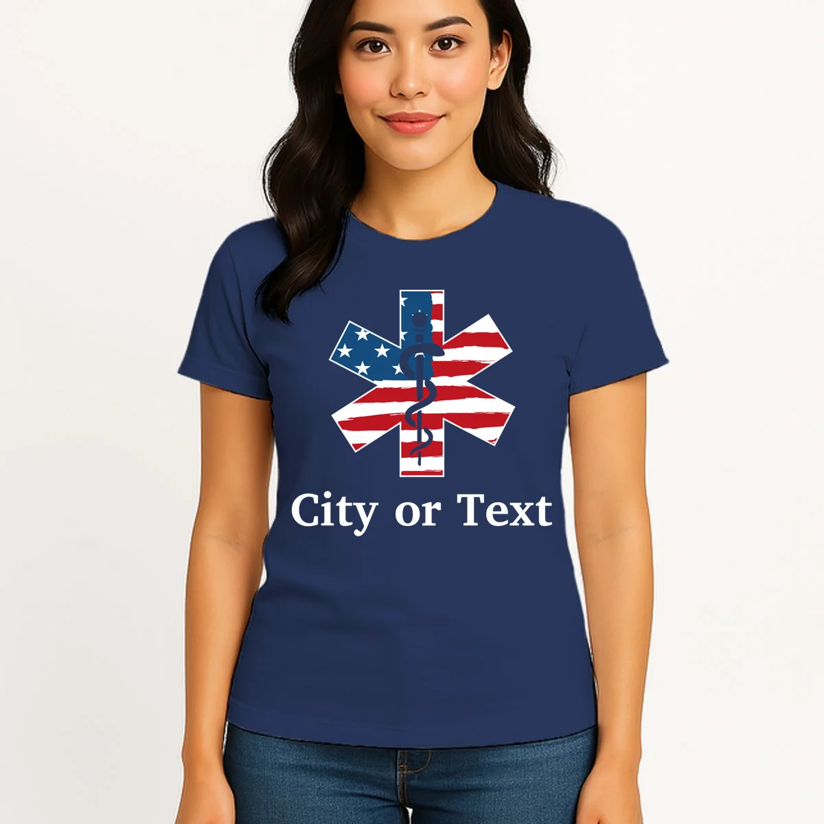 City or Text EMT Custom City or Text Personalized USA Flag Women's T-Shirt - Front 3