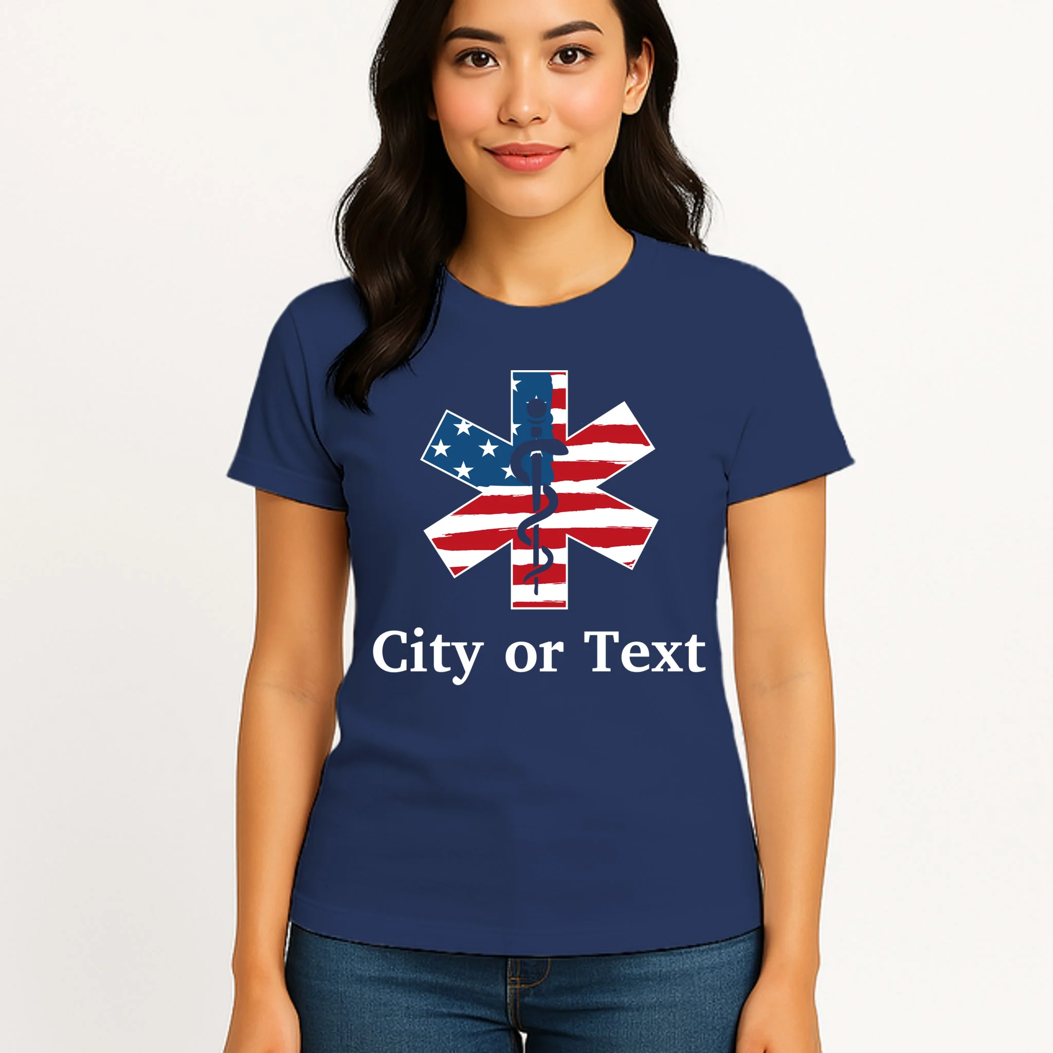 City or Text EMT Custom City or Text Personalized USA Flag Women's T-Shirt - Front 3