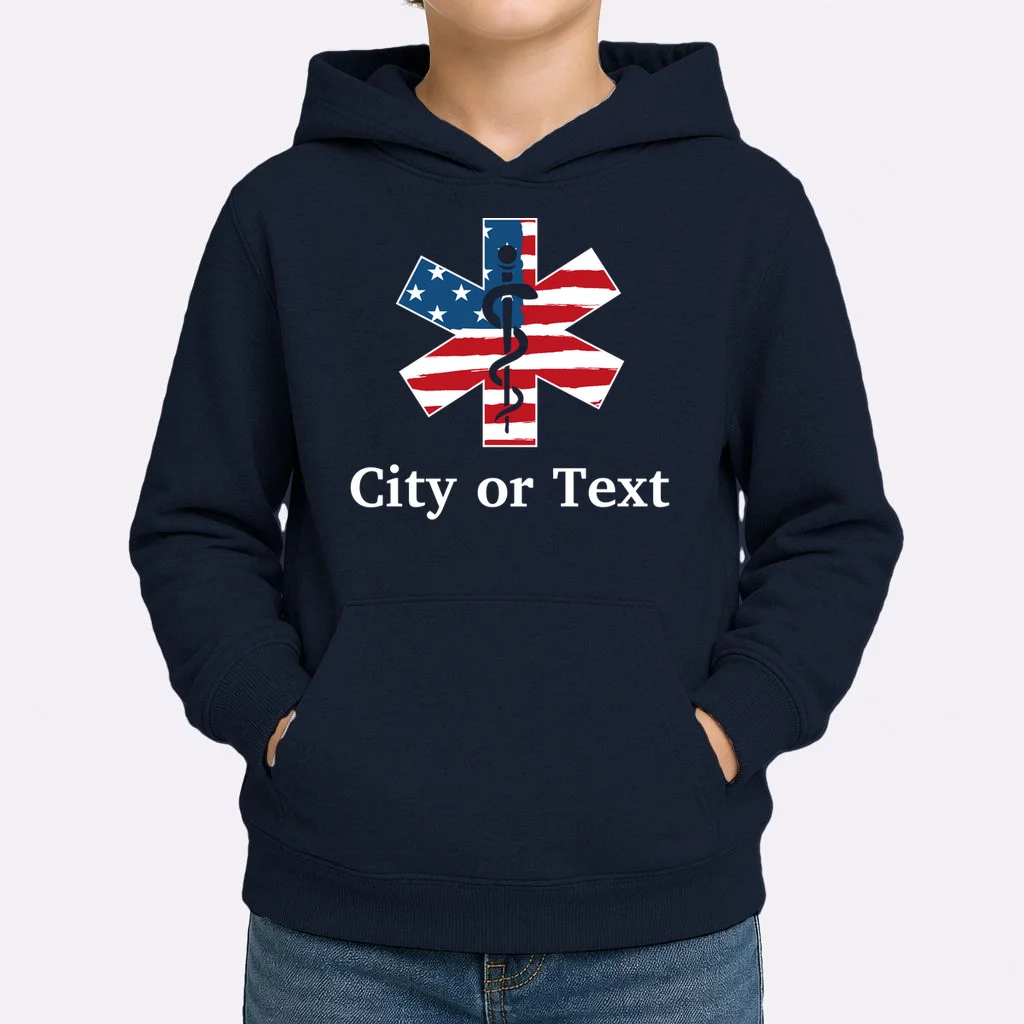 City or Text EMT Custom City or Text Personalized USA Flag Kids Hoodie - Front 1