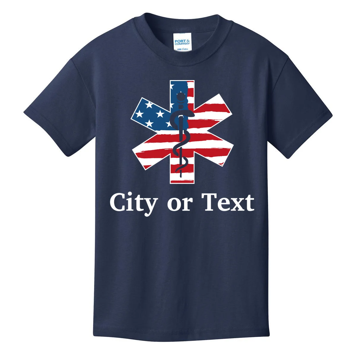 City or Text EMT Custom City or Text Personalized USA Flag Kids T-Shirt - Front
