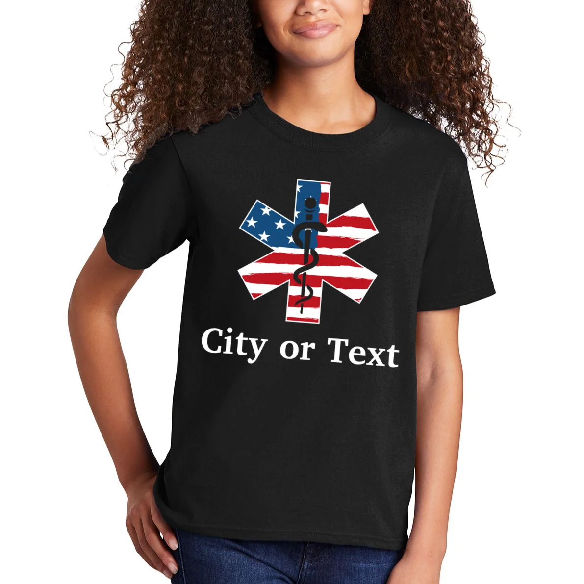City or Text EMT Custom City or Text Personalized USA Flag Kids T-Shirt - Front 1