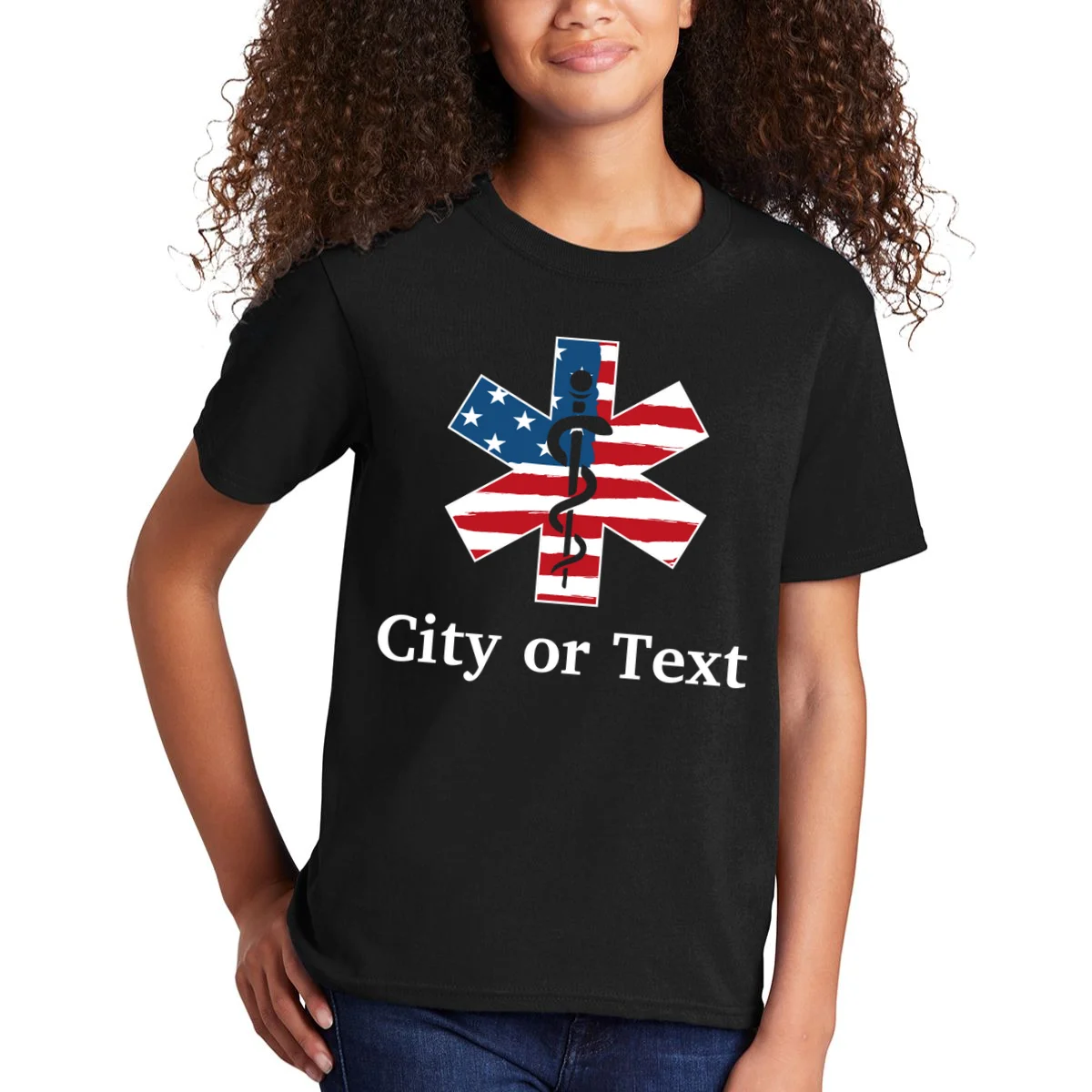 City or Text EMT Custom City or Text Personalized USA Flag Kids T-Shirt - Front 1