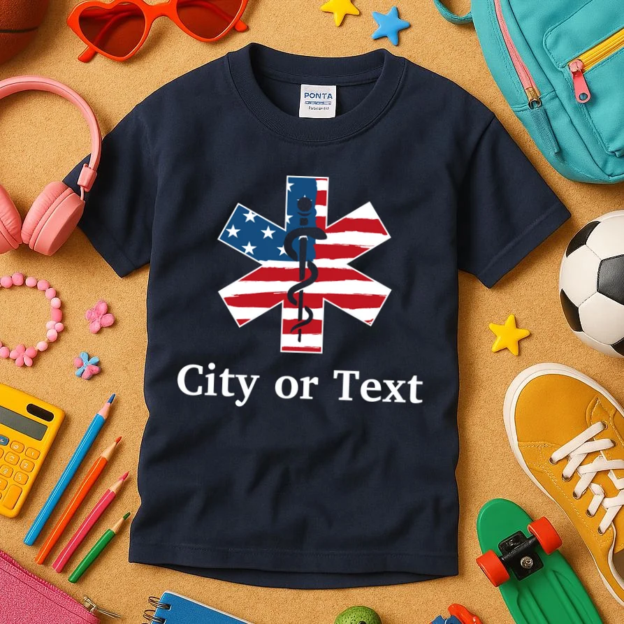 City or Text EMT Custom City or Text Personalized USA Flag Kids T-Shirt - Front 2