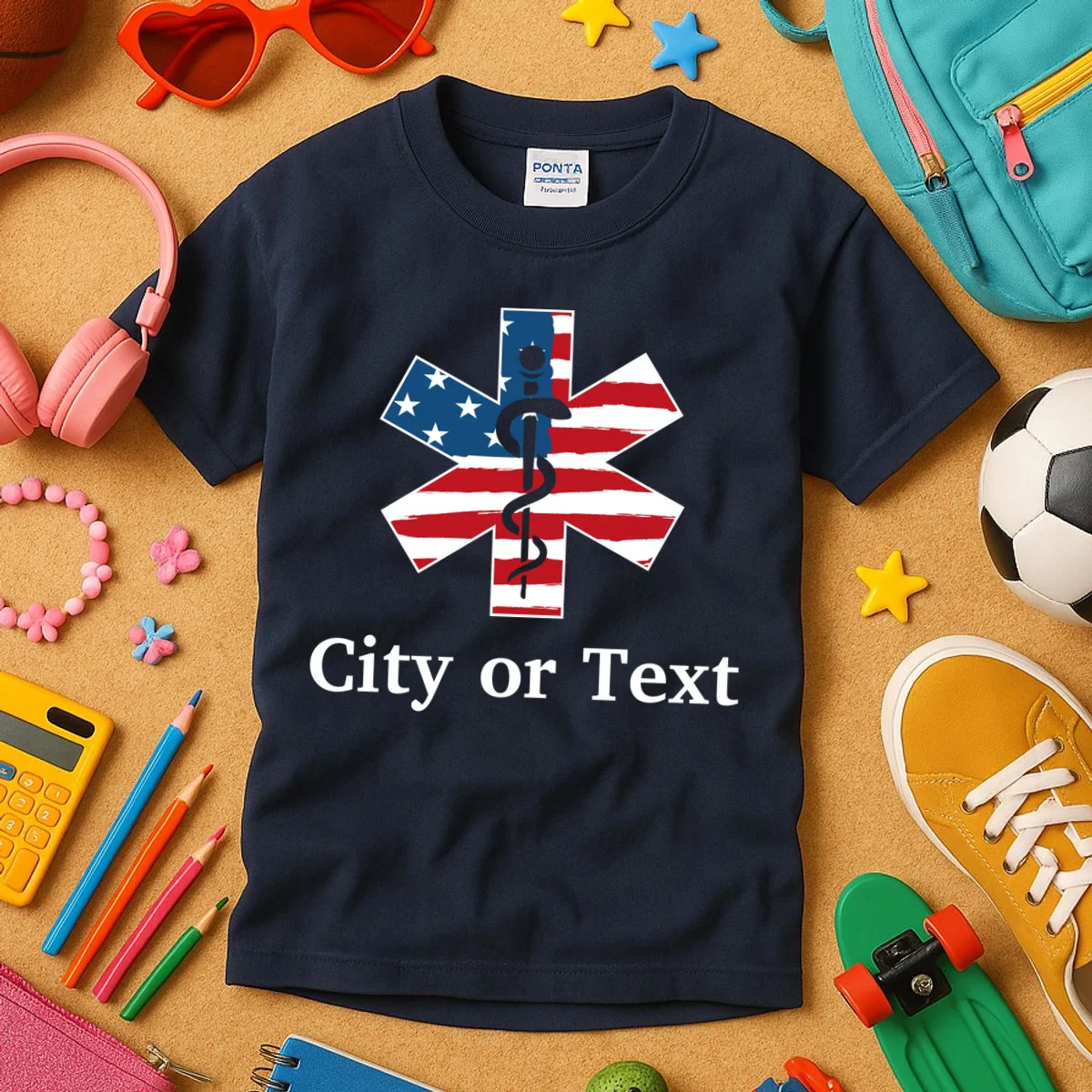 City or Text EMT Custom City or Text Personalized USA Flag Kids T-Shirt - Front 2