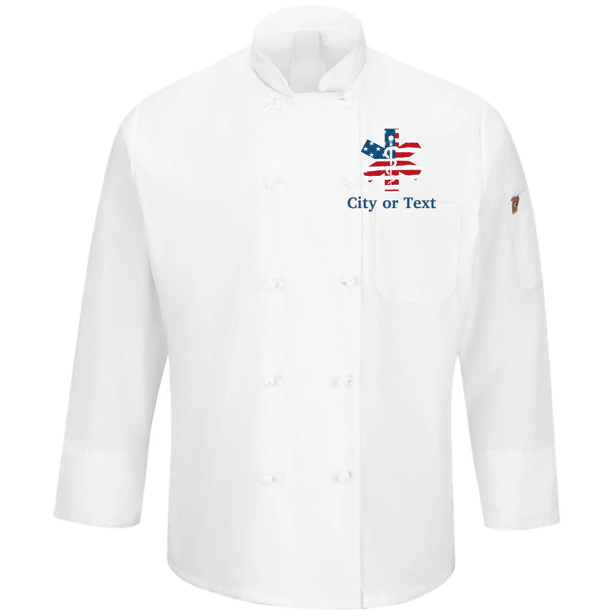 City or Text EMT Custom City or Text Personalized USA Flag Men's Chef Coat - Front