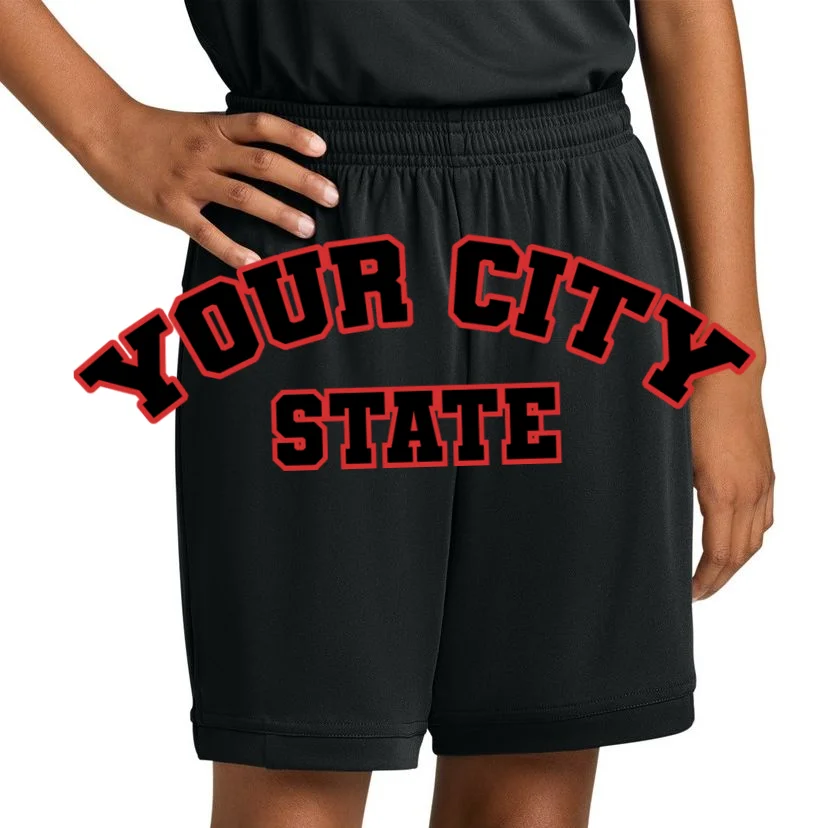 Custom Personalized College City and State Block Letter Kids Shorts - Front 1
