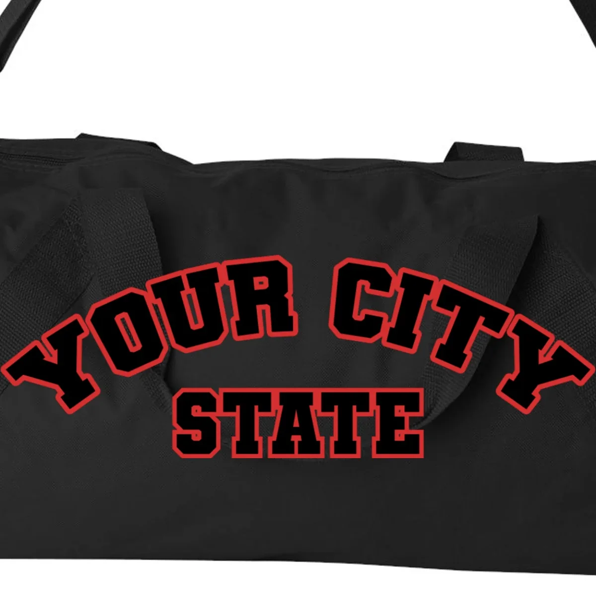 Custom Personalized College City and State Block Letter Duffel Bag - Front - Close-up