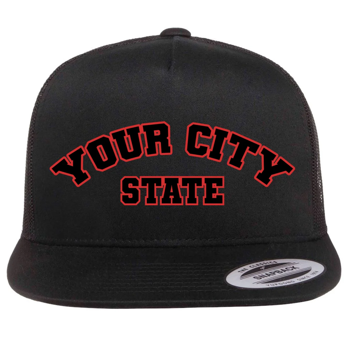 Custom Personalized College City and State Block Letter Flat Bill Trucker Hat - Front