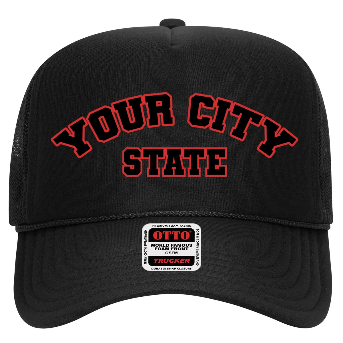 Custom Personalized College City and State Block Letter Trucker Hat - Front