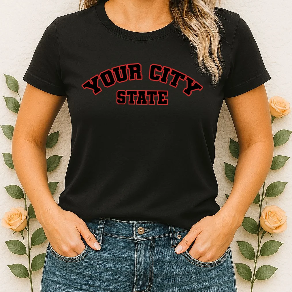 Custom Personalized College City and State Block Letter Women's T-Shirt - Front 1