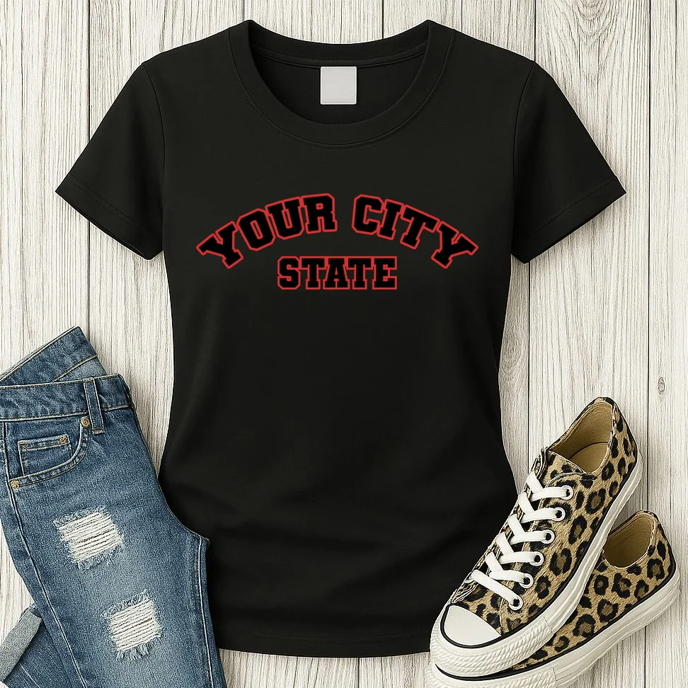 Custom Personalized College City and State Block Letter Women's T-Shirt - Front 2