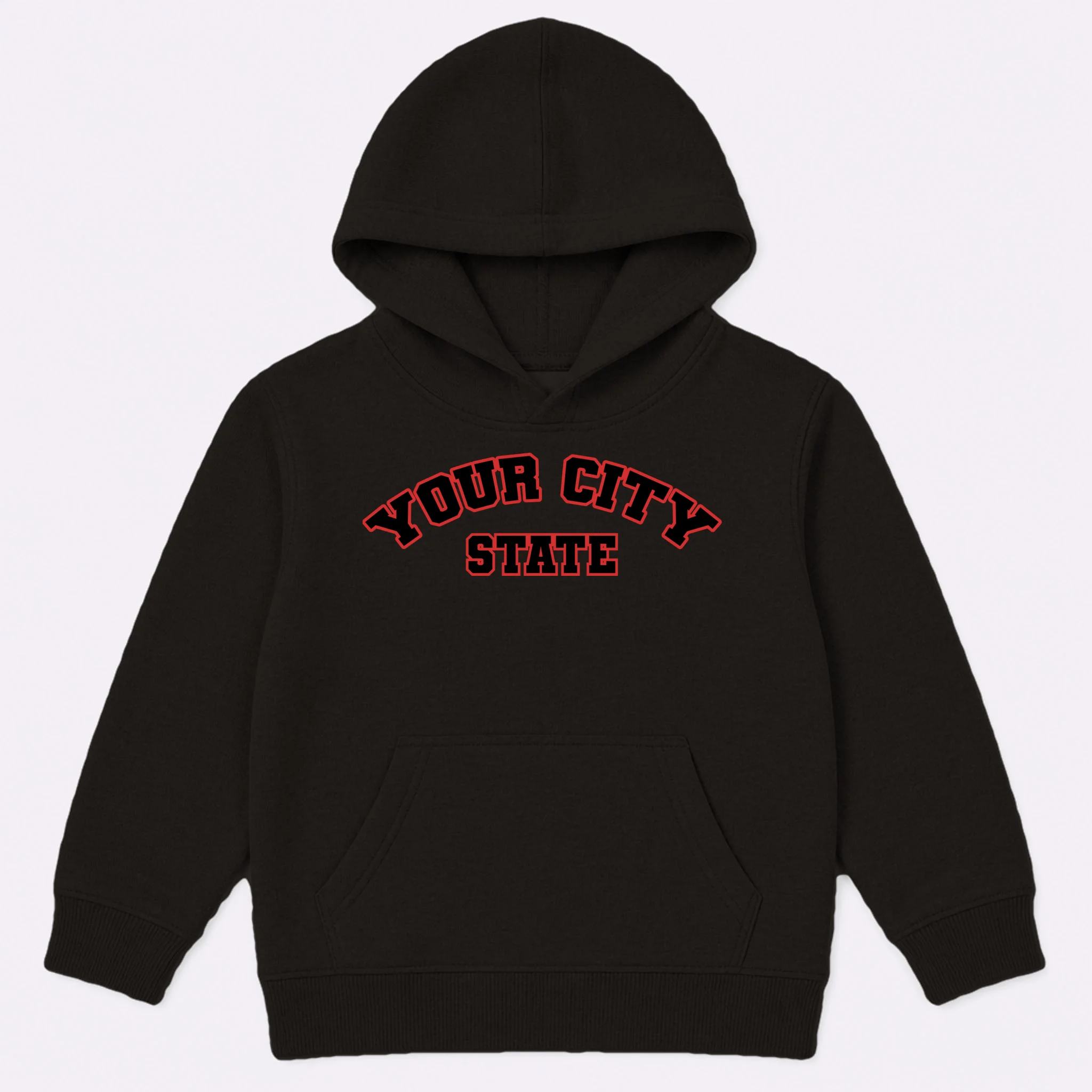 Custom Personalized College City and State Block Letter Kids Hoodie - Front