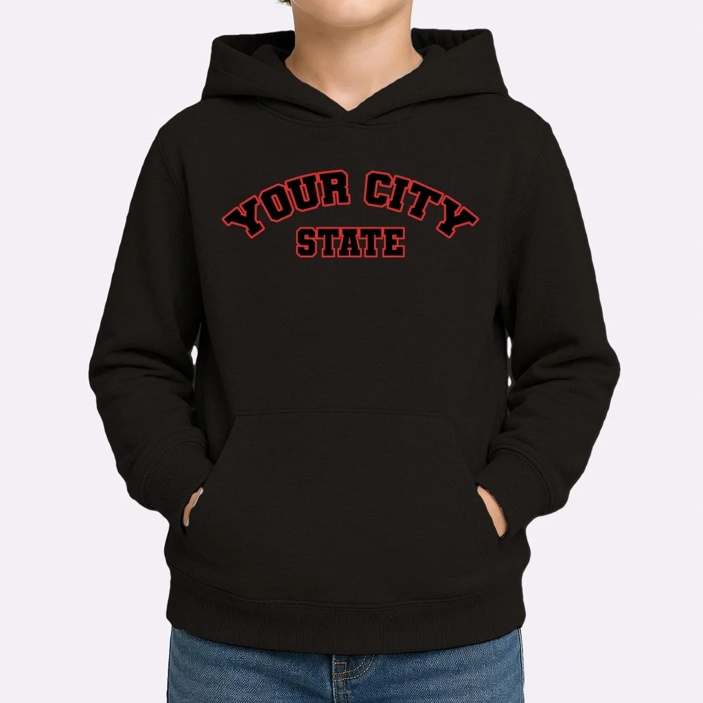 Custom Personalized College City and State Block Letter Kids Hoodie - Front 1