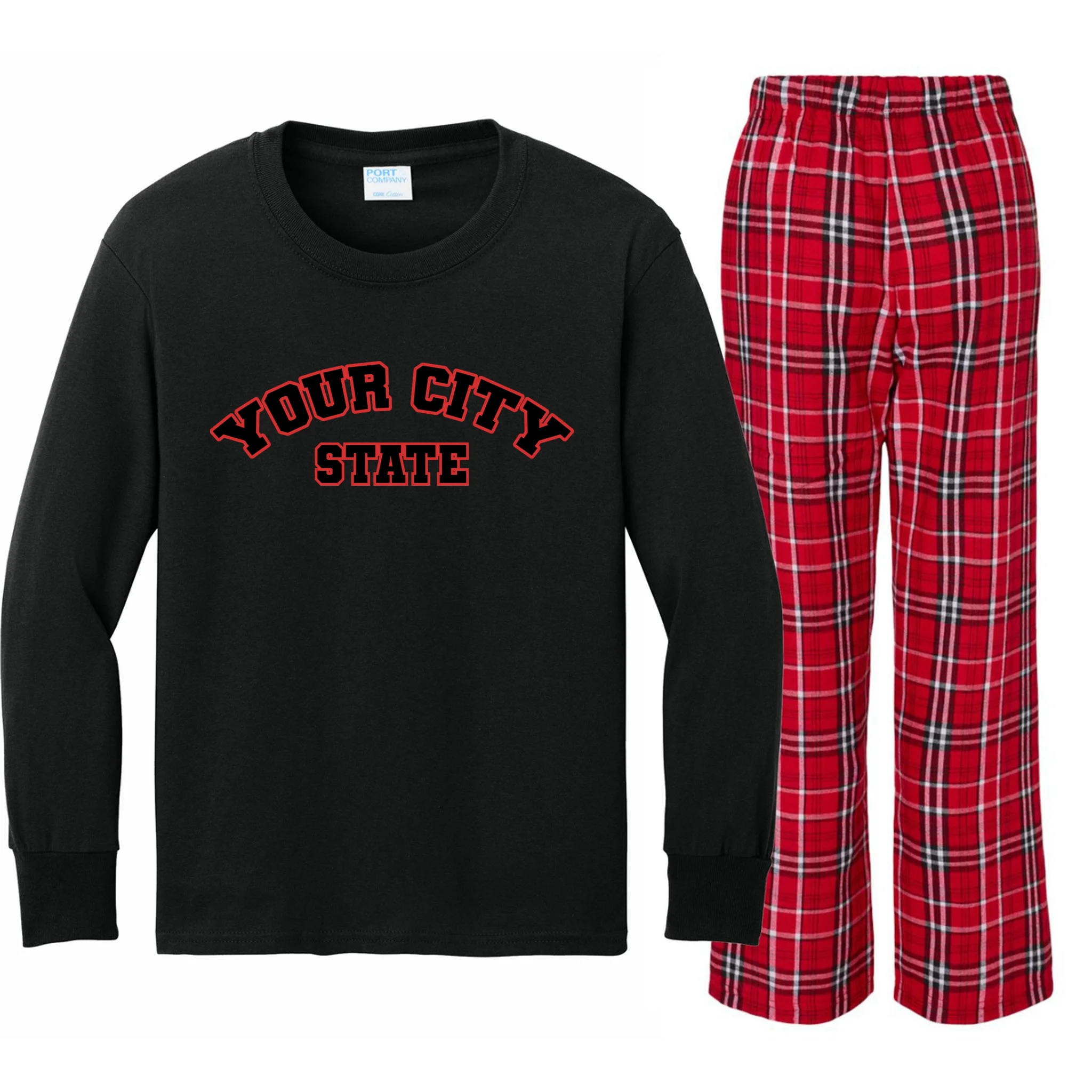 Custom Personalized College City and State Block Letter Kids Long Sleeve Pajamas - Front