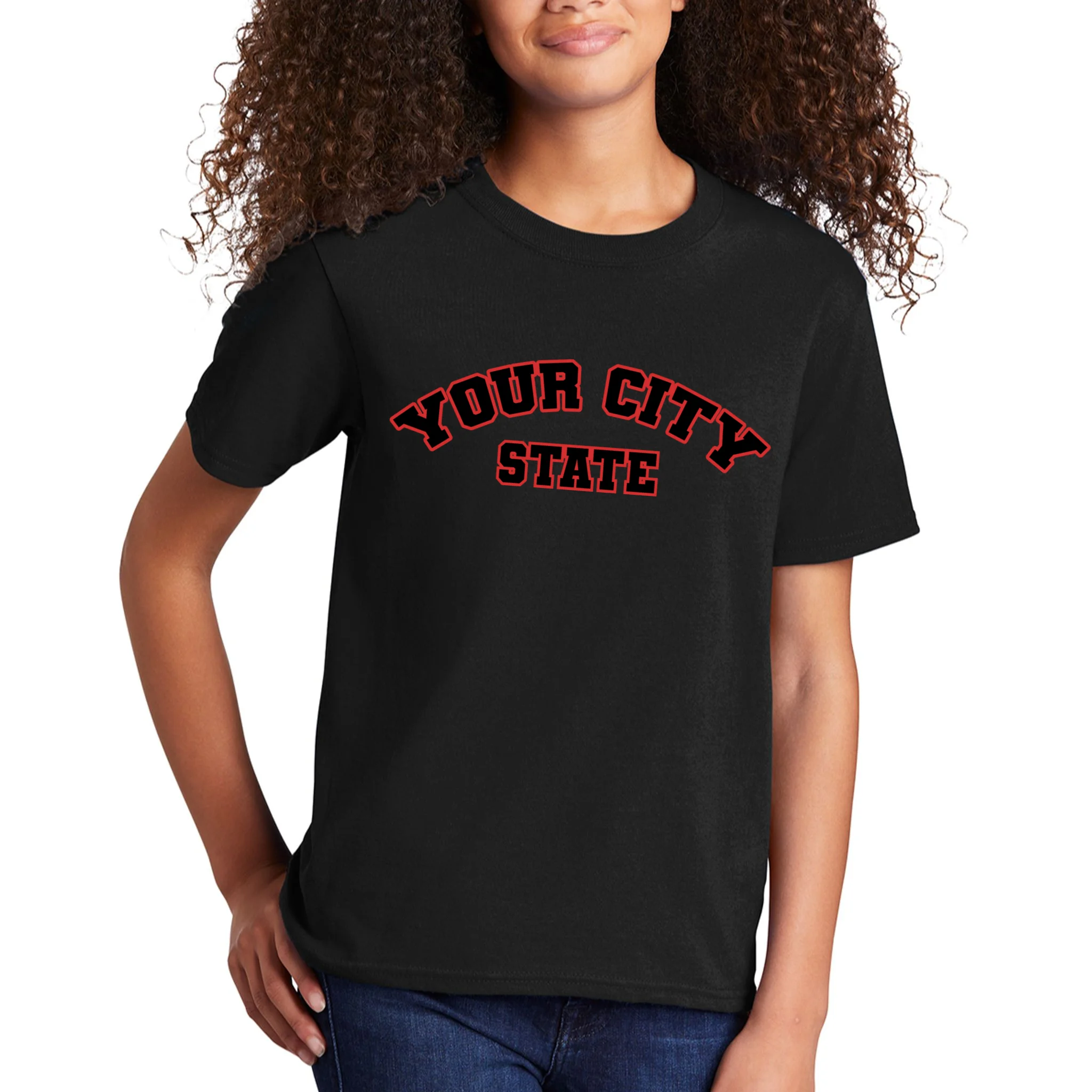 Custom Personalized College City and State Block Letter Kids T-Shirt - Front 1