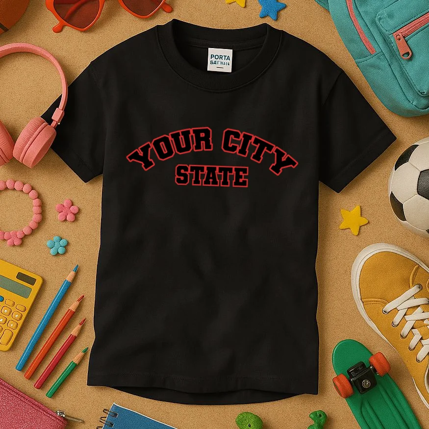 Custom Personalized College City and State Block Letter Kids T-Shirt - Front 2