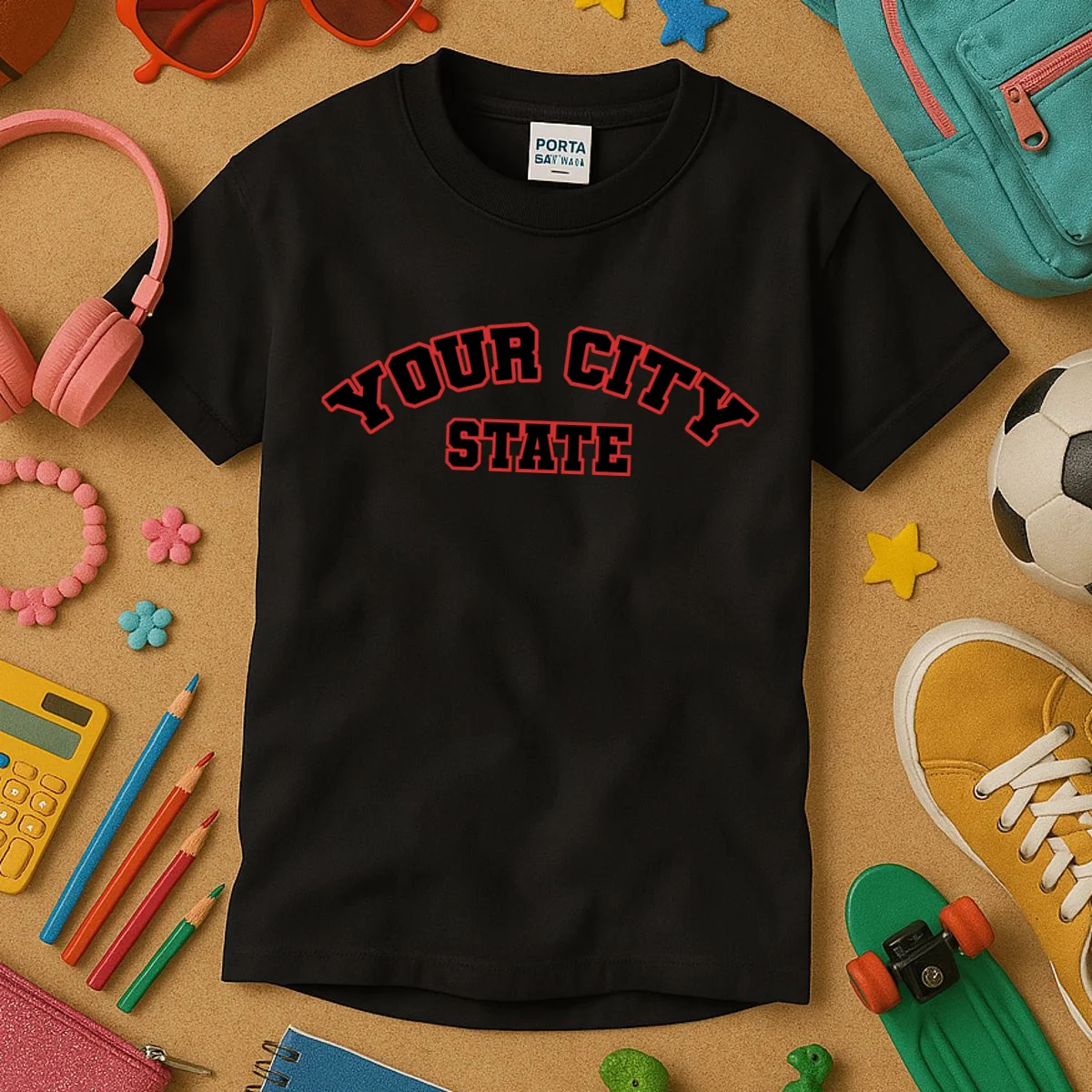 Custom Personalized College City and State Block Letter Kids T-Shirt - Front 2