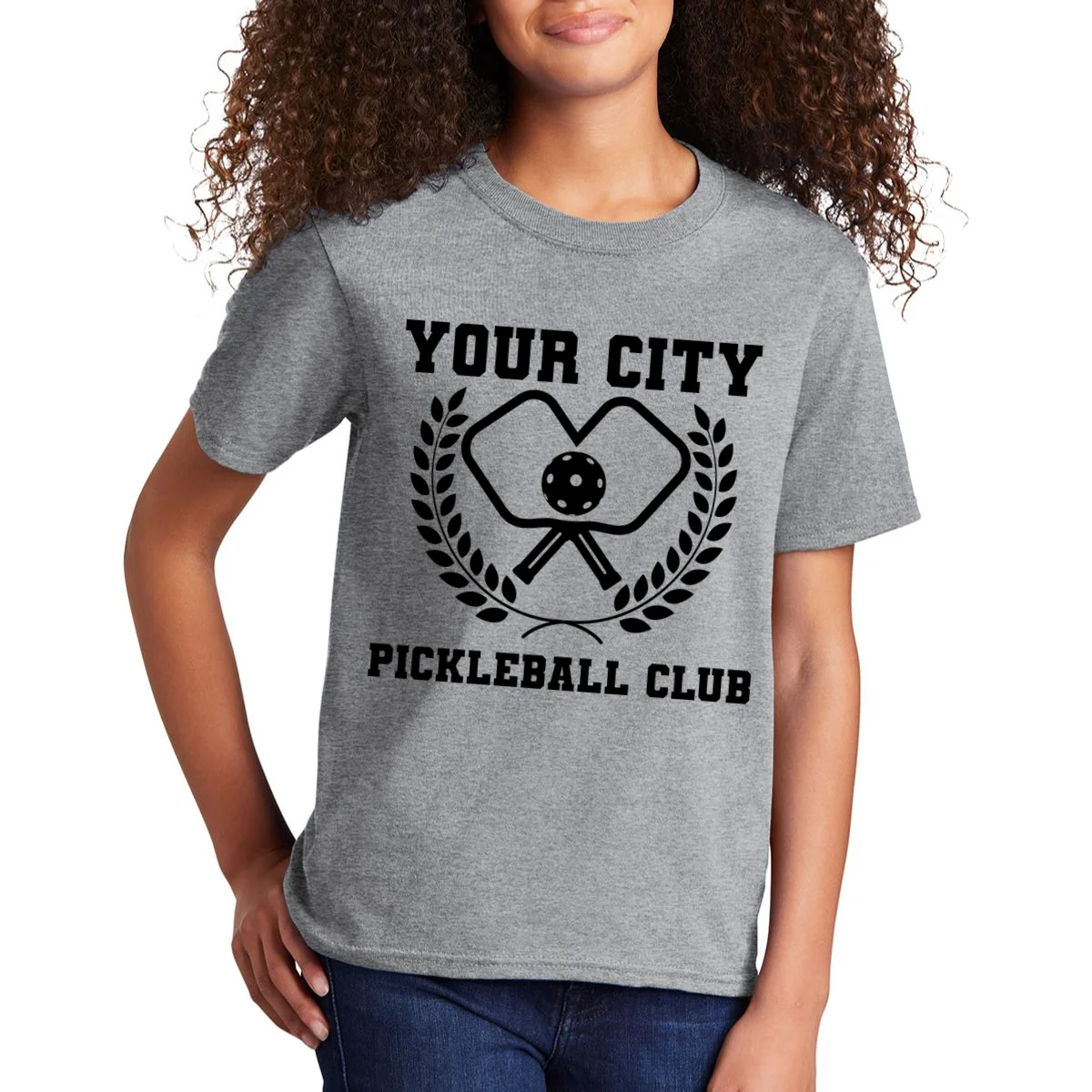Custom Pickleball Club Team Personalized City Name Kids T-Shirt - Front 1
