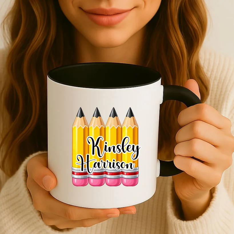 Custom Pencil Name Sticker, Personalized Back to School Name Labels for Kids Coffee Mug - Front 2