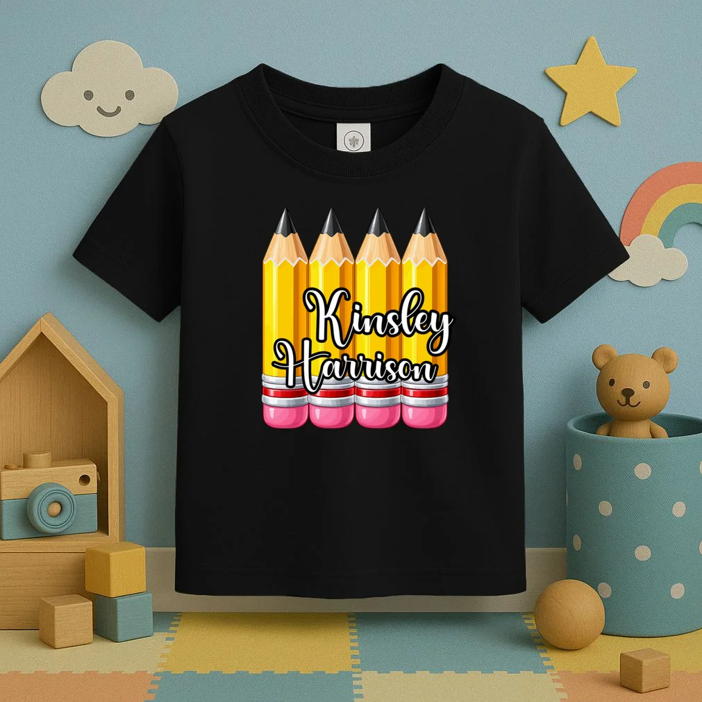 Custom Pencil Name Sticker, Personalized Back to School Name Labels for Kids Toddler T-Shirt - Front 2