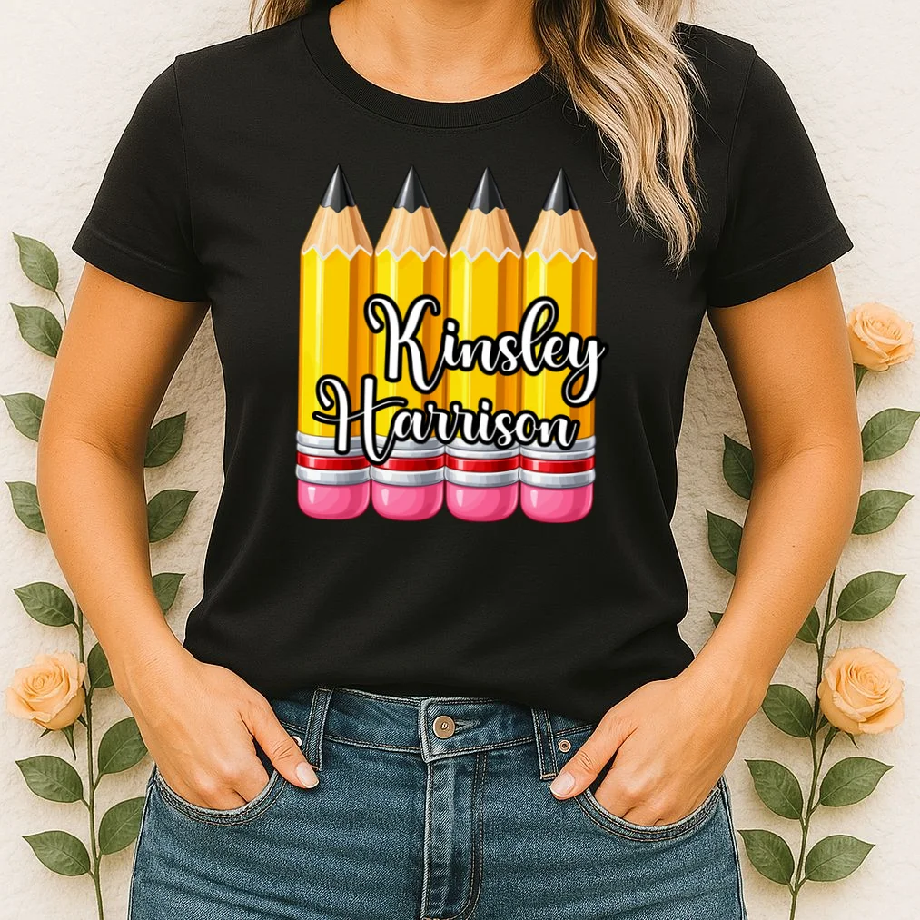 Custom Pencil Name Sticker, Personalized Back to School Name Labels for Kids Women's T-Shirt - Front 1