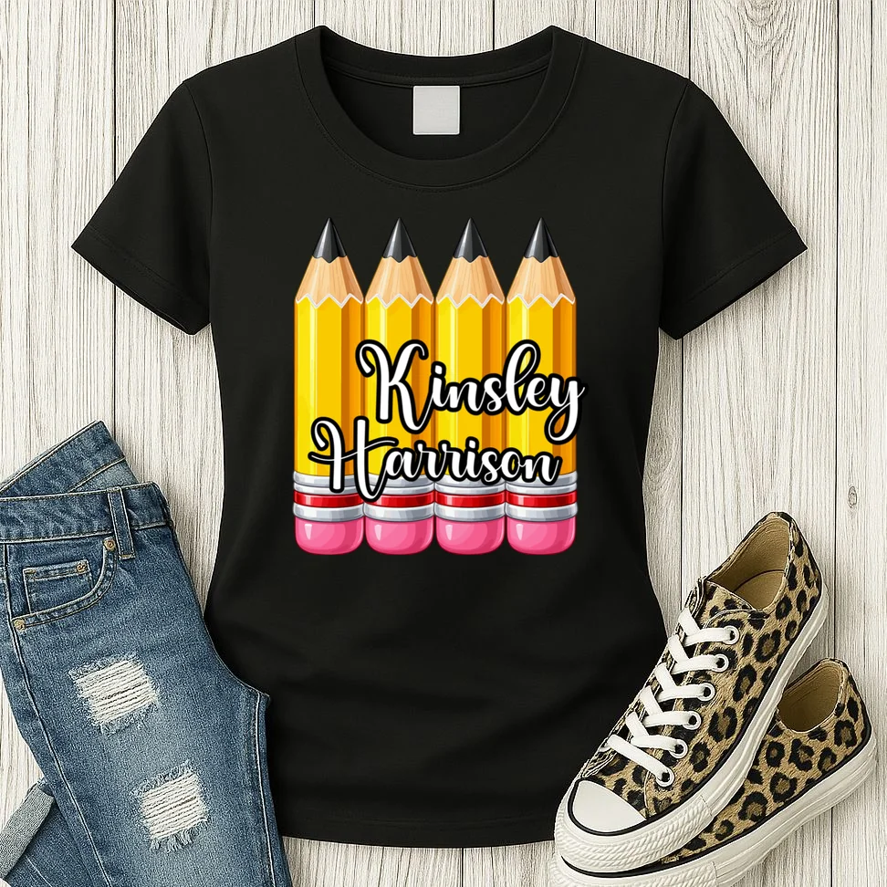 Custom Pencil Name Sticker, Personalized Back to School Name Labels for Kids Women's T-Shirt - Front 2
