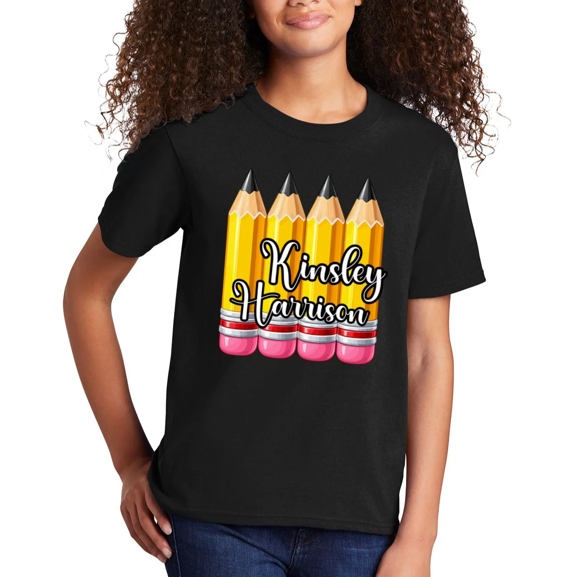 Custom Pencil Name Sticker, Personalized Back to School Name Labels for Kids Kids T-Shirt - Front 1