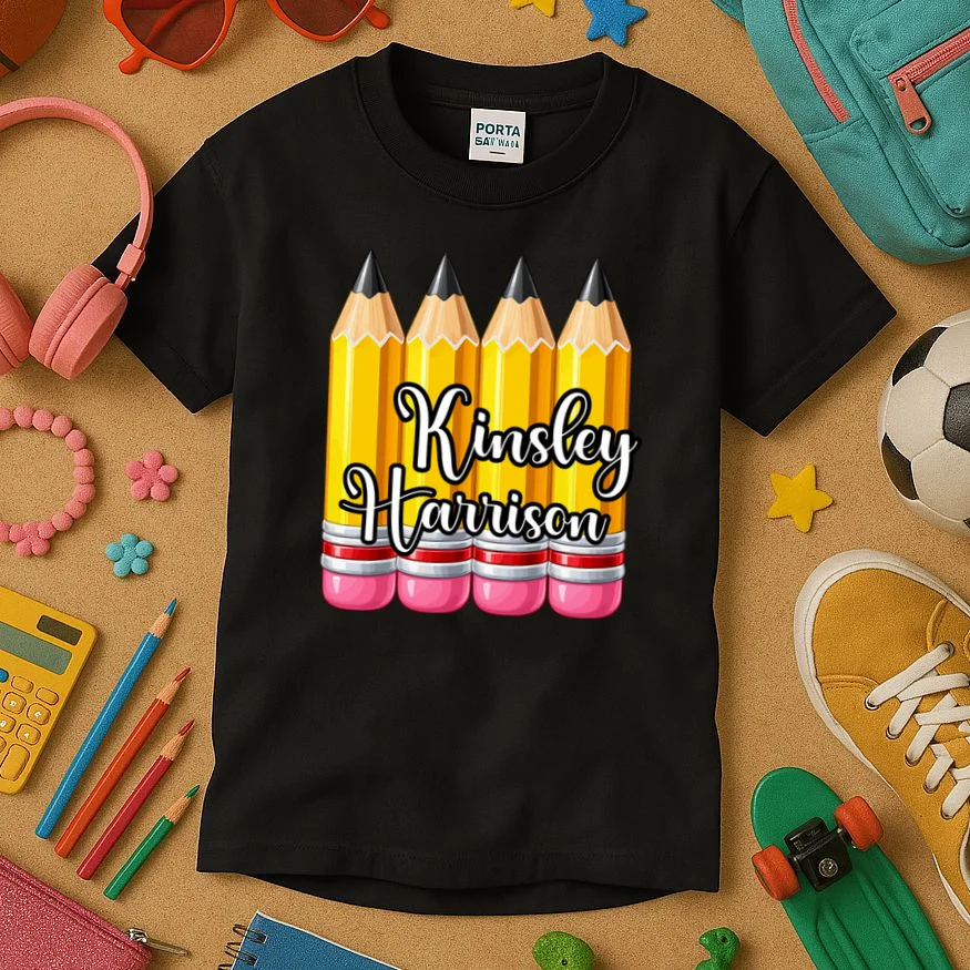 Custom Pencil Name Sticker, Personalized Back to School Name Labels for Kids Kids T-Shirt - Front 2