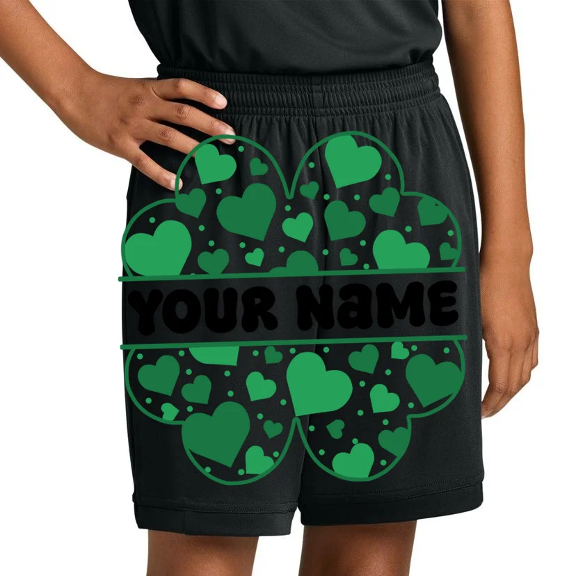 Custom Personalized Name St. Patrick's Day 4 Leaf Clover Hearts Kids Shorts - Front 1