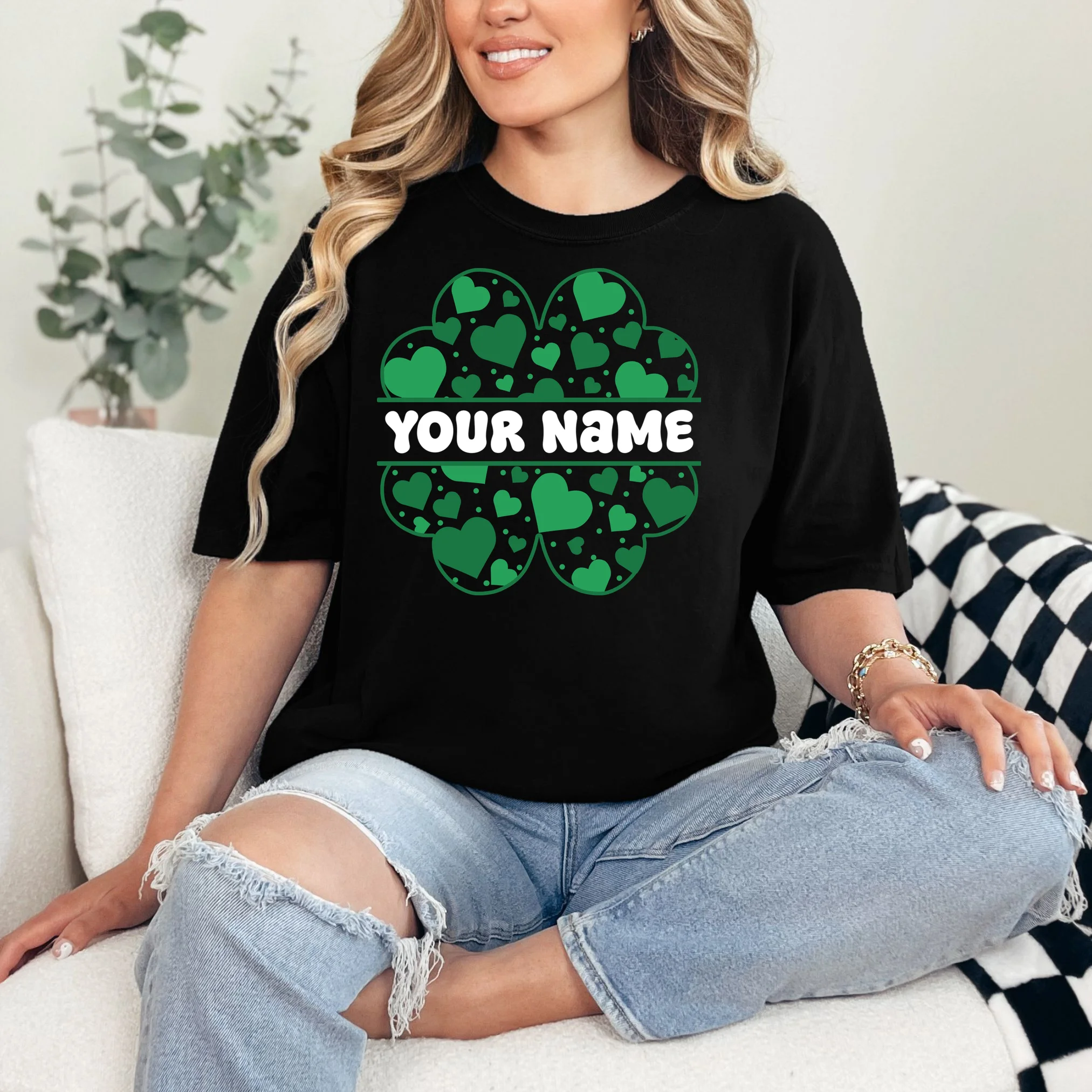 Custom Personalized Name St. Patrick's Day 4 Leaf Clover Hearts T-Shirt - Front 1