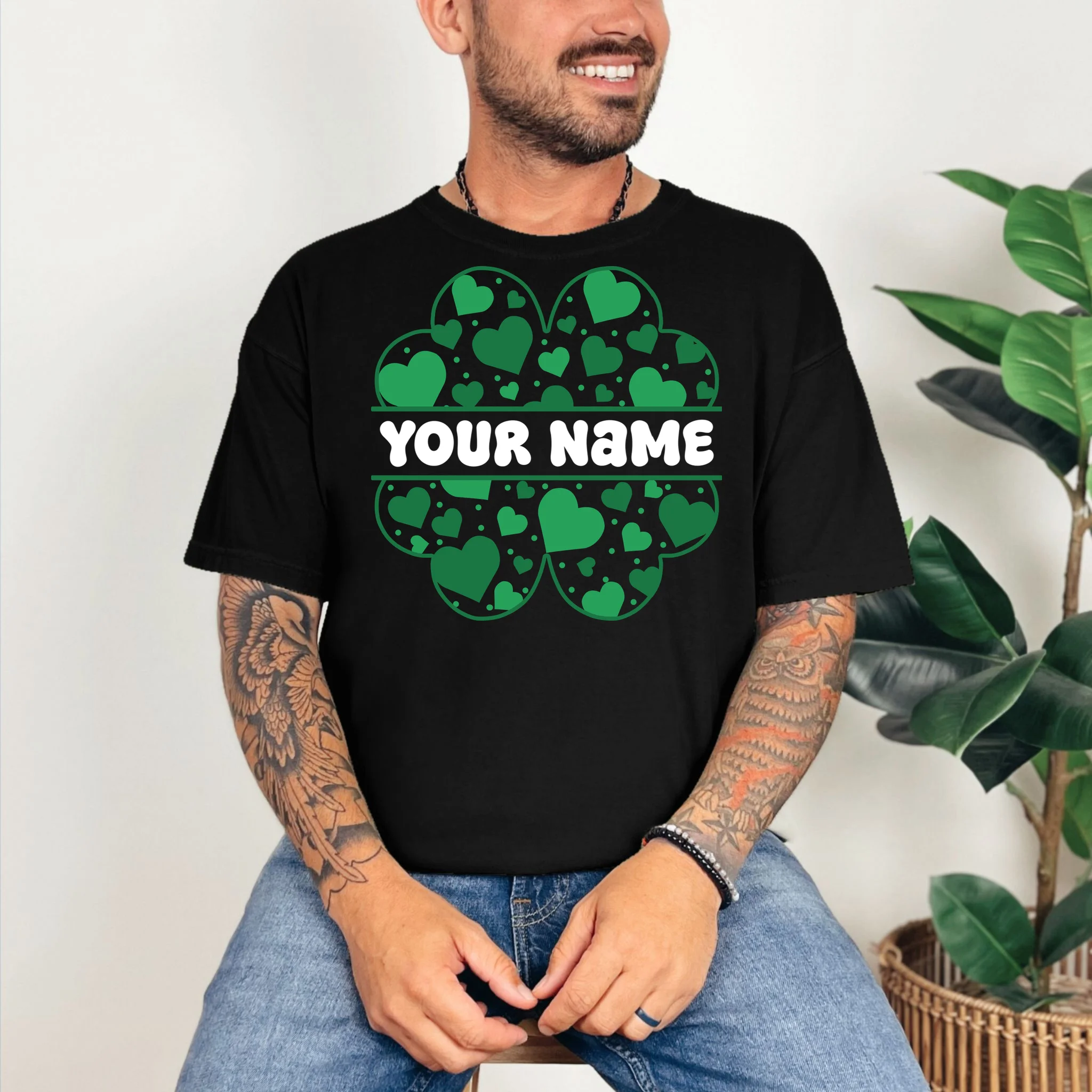 Custom Personalized Name St. Patrick's Day 4 Leaf Clover Hearts T-Shirt - Front 2