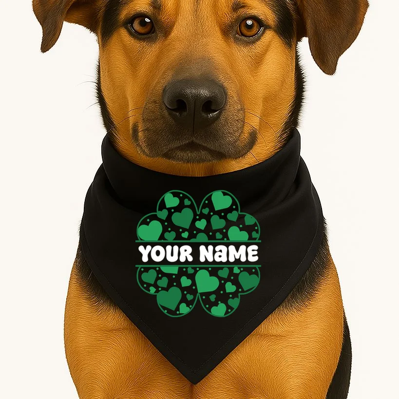 Custom Personalized Name St. Patrick's Day 4 Leaf Clover Hearts Dog Bandana - Front 1