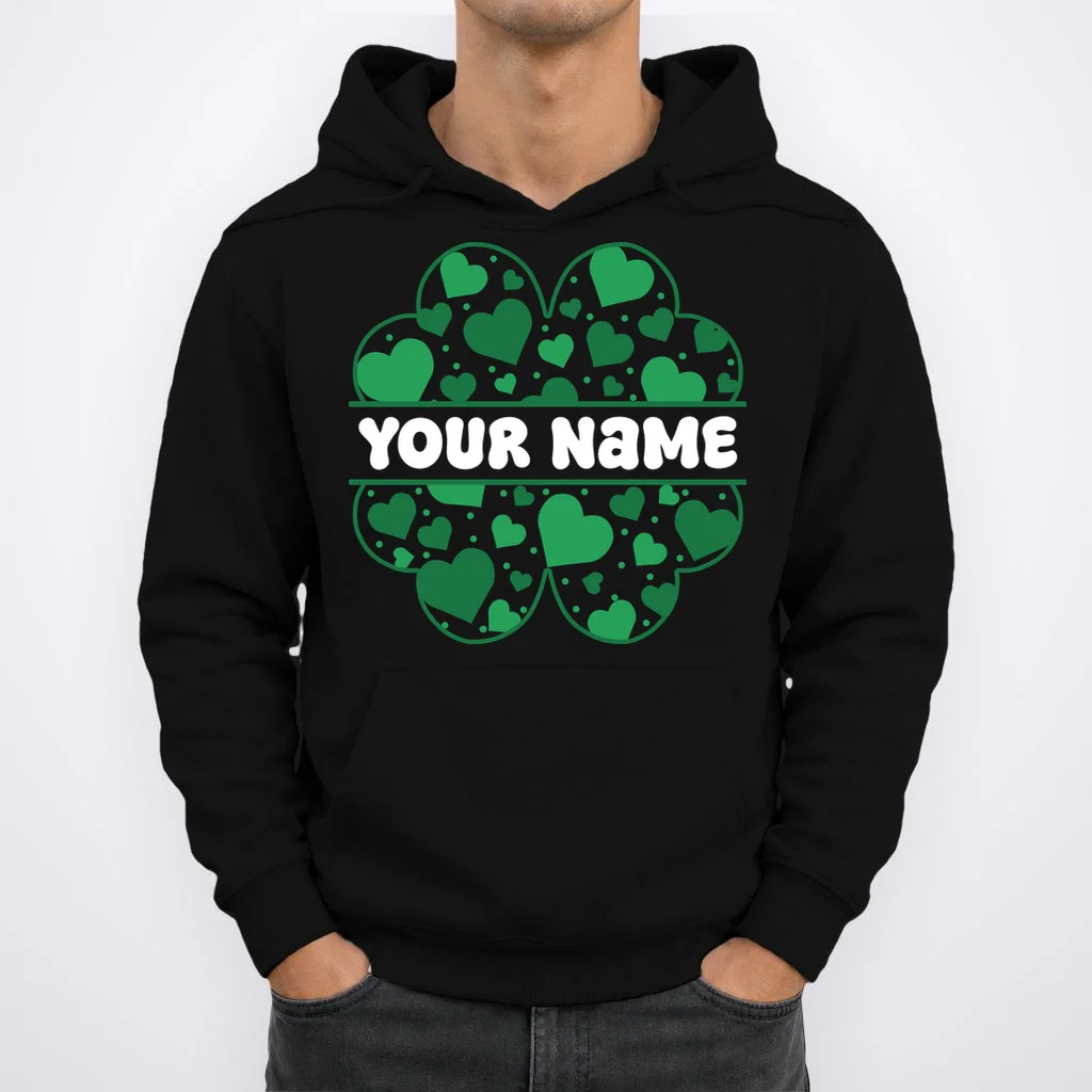 Custom Personalized Name St. Patrick's Day 4 Leaf Clover Hearts Hoodie - Front 1