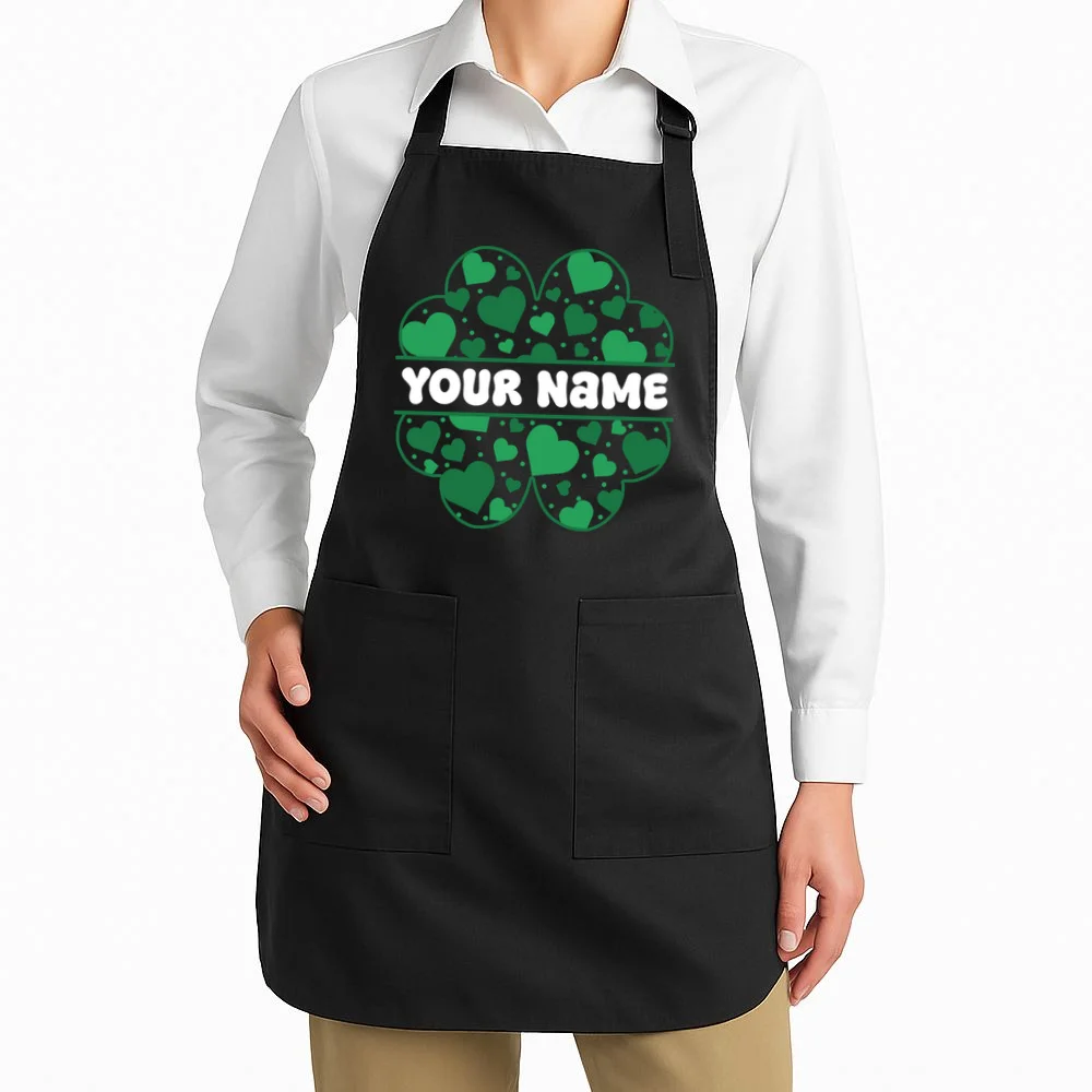 Custom Personalized Name St. Patrick's Day 4 Leaf Clover Hearts Apron - Front 1