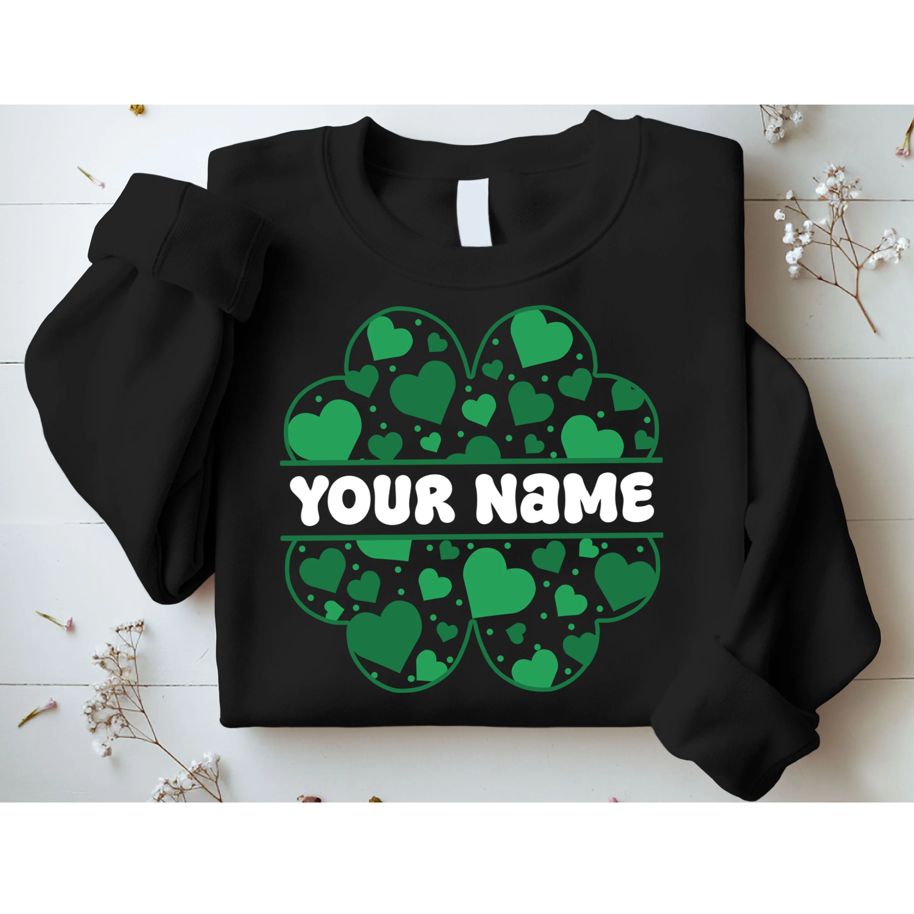Custom Personalized Name St. Patrick's Day 4 Leaf Clover Hearts Sweatshirt - Front 1