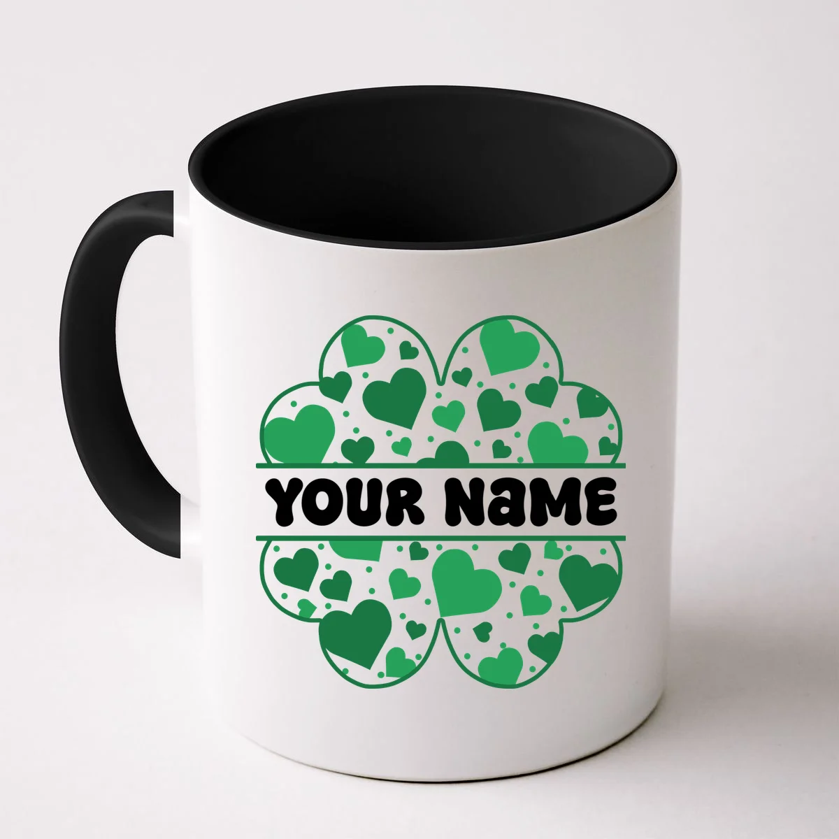 Custom Personalized Name St. Patrick's Day 4 Leaf Clover Hearts Coffee Mug - Front