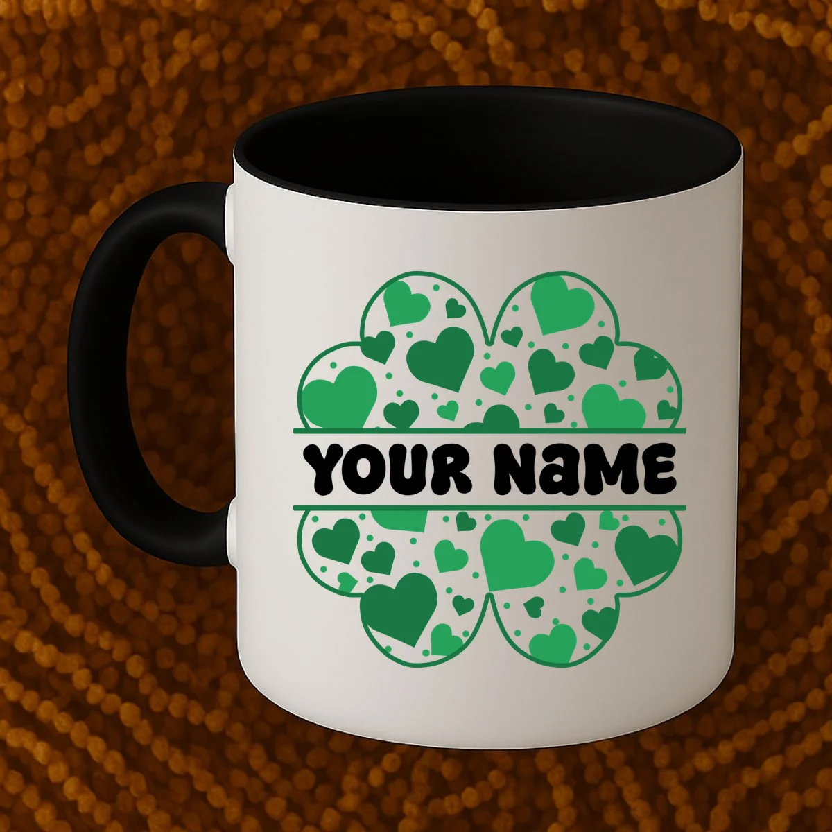 Custom Personalized Name St. Patrick's Day 4 Leaf Clover Hearts Coffee Mug - Front 1