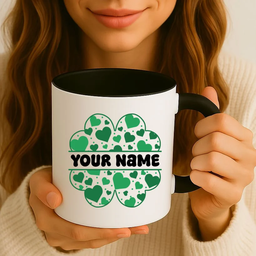 Custom Personalized Name St. Patrick's Day 4 Leaf Clover Hearts Coffee Mug - Front 2