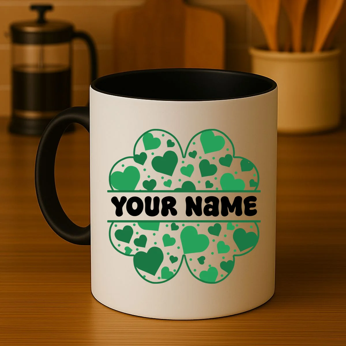 Custom Personalized Name St. Patrick's Day 4 Leaf Clover Hearts Coffee Mug - Front 3